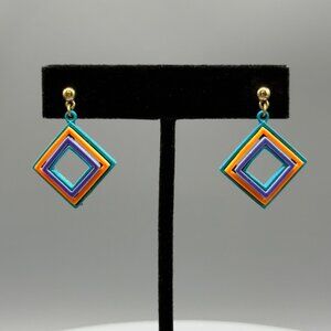 Vintage Bright Multicolor Retro Geometric Enamel Block Square Earrings 80's